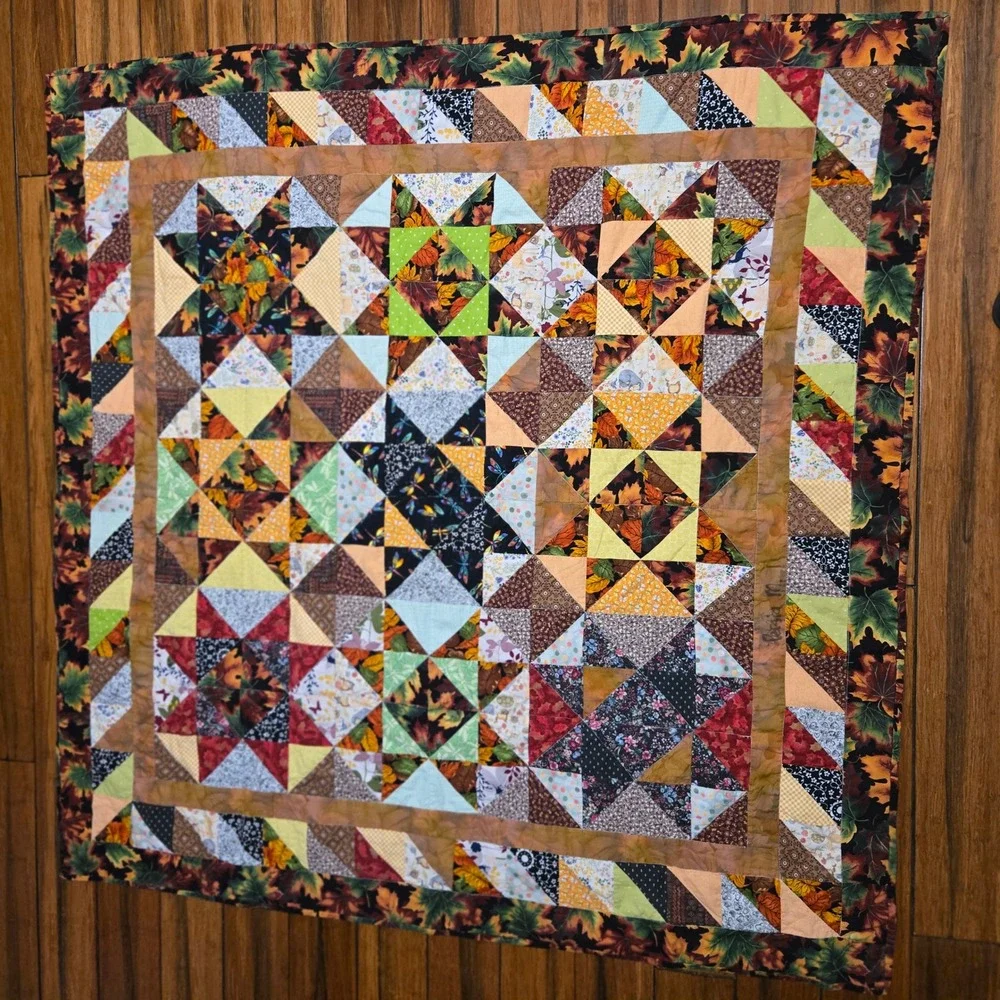 Handmade Autumn Star Patchwork Quilt Fall Leaf Border Brown Orange 59x59